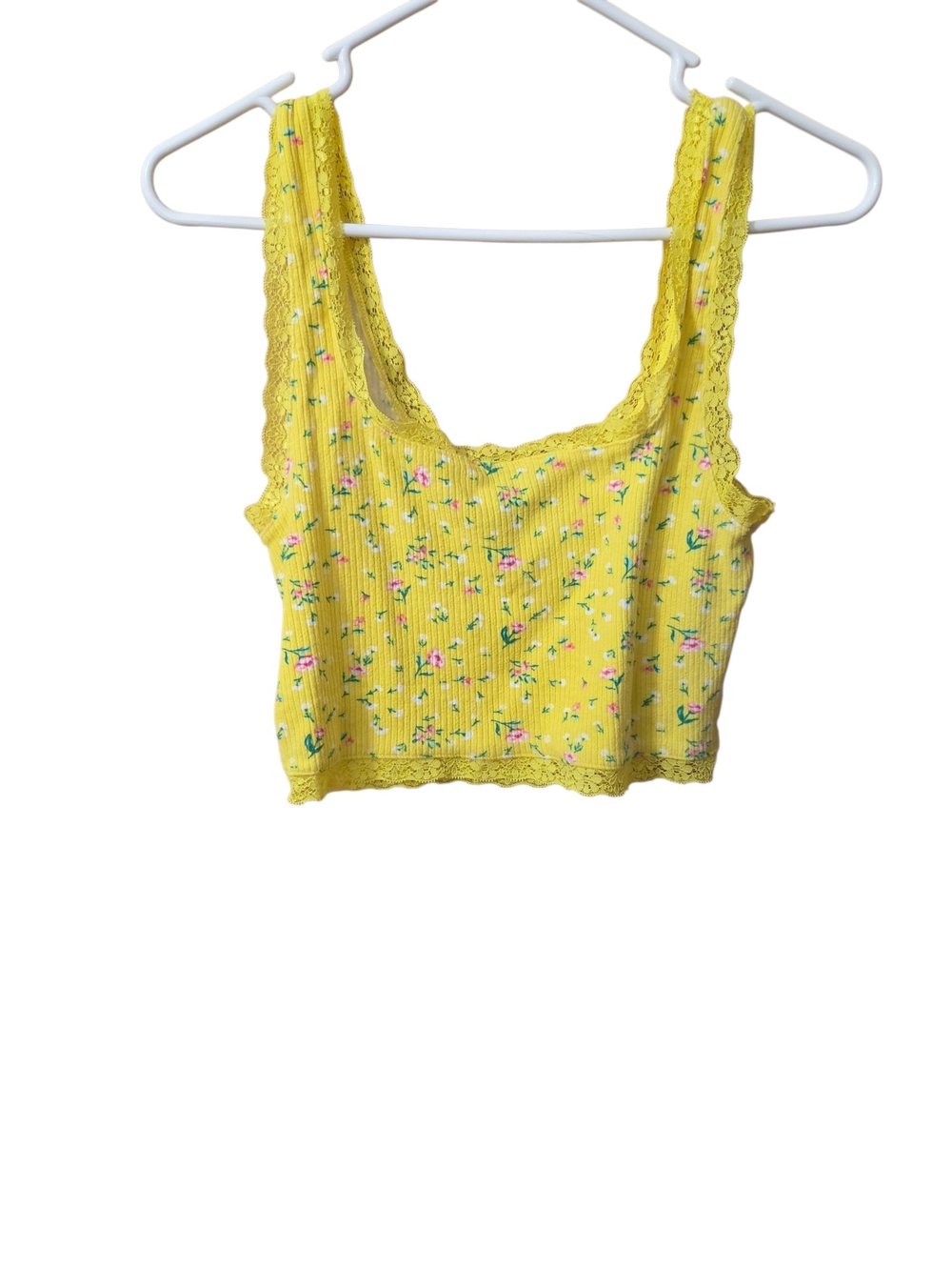 Forever 21 Yellow Floral Lace-Trim Ribbed Crop Top